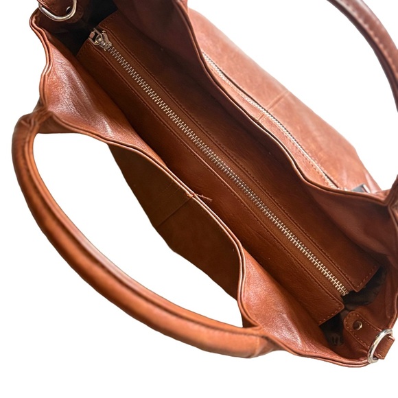 Brown Vegan Leather Satchel Handbag Cognac Top Handle Purse Work Bag - Picture 4 of 8